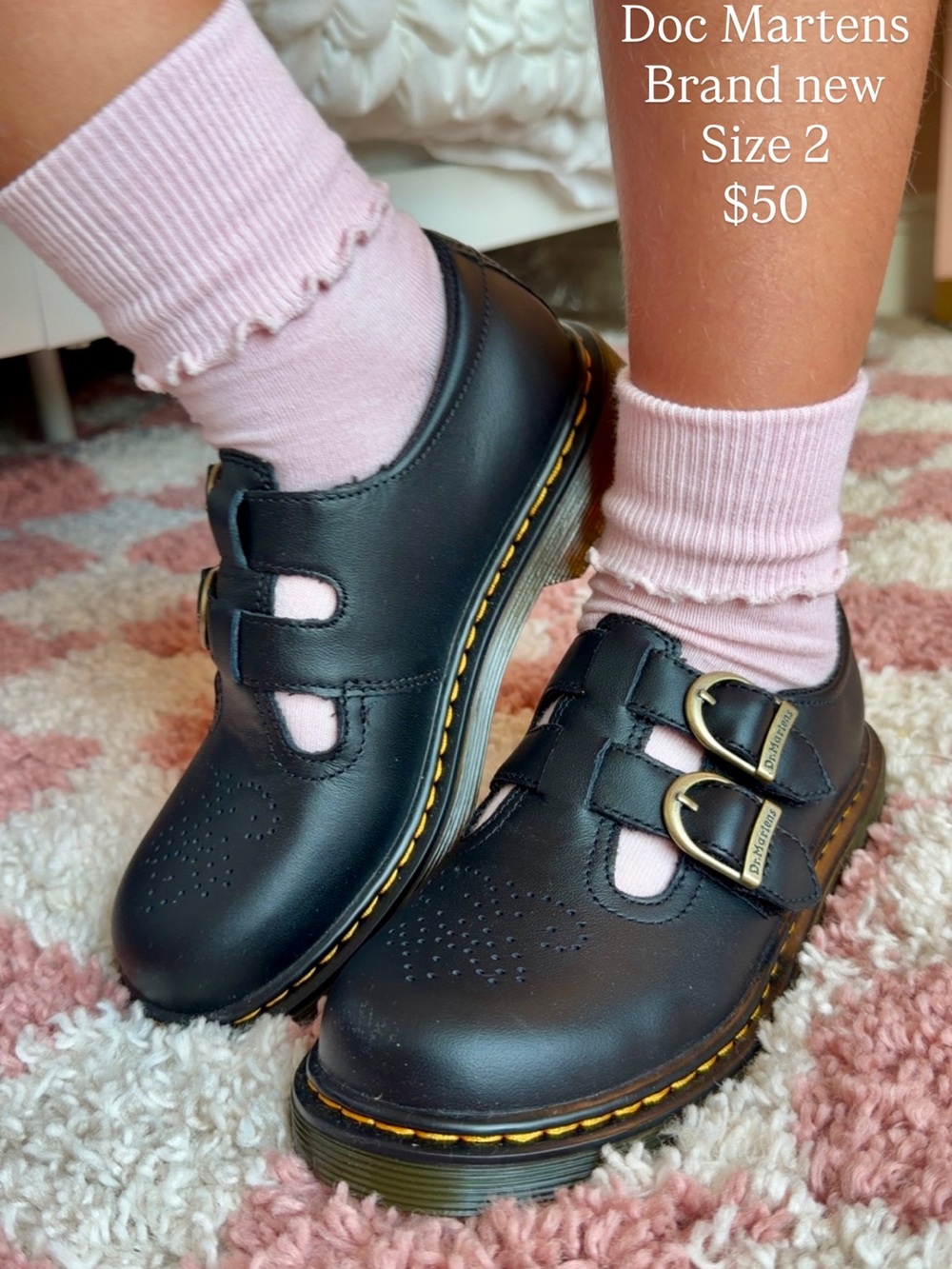 Dr. Martens Black Kids Dress Shoes with Yellow Stitching